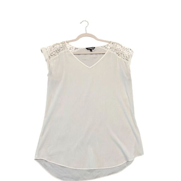 Express‎ Women's M White Lace Shoulder V-Neck Blouse Casual Spring - Picture 1 of 5